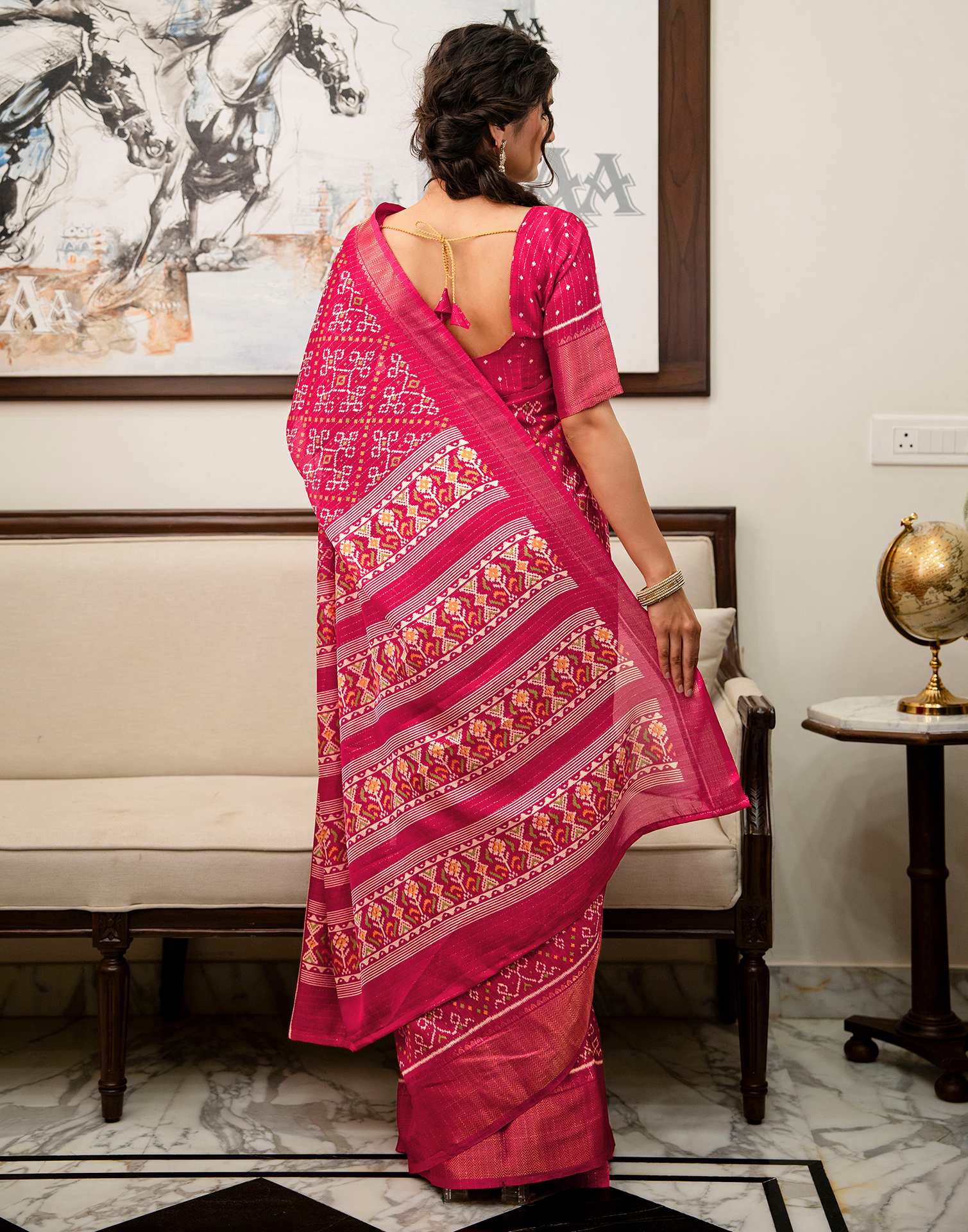 Pink Silk Printed Zari Stripe Saree 