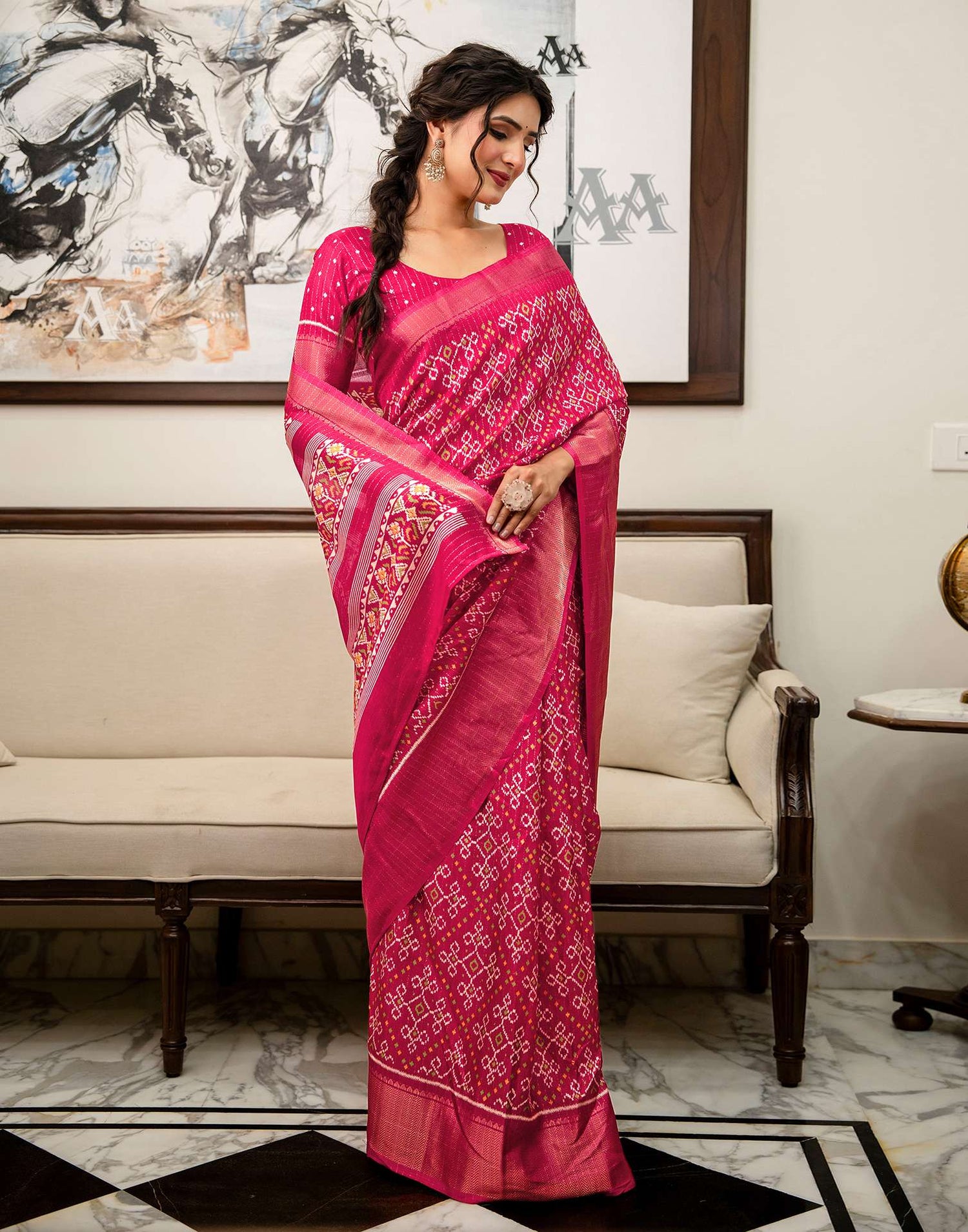 Pink Silk Printed Zari Stripe Saree 