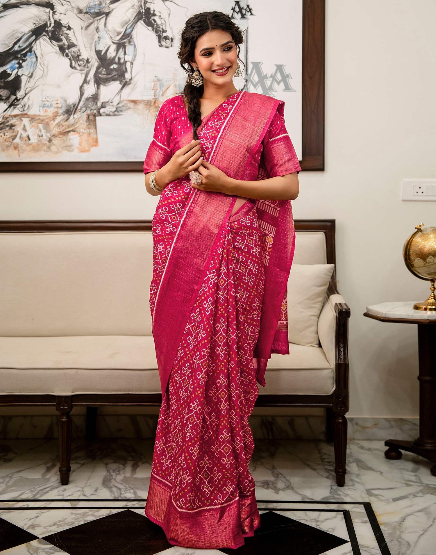 Pink Silk Printed Zari Stripe Saree 