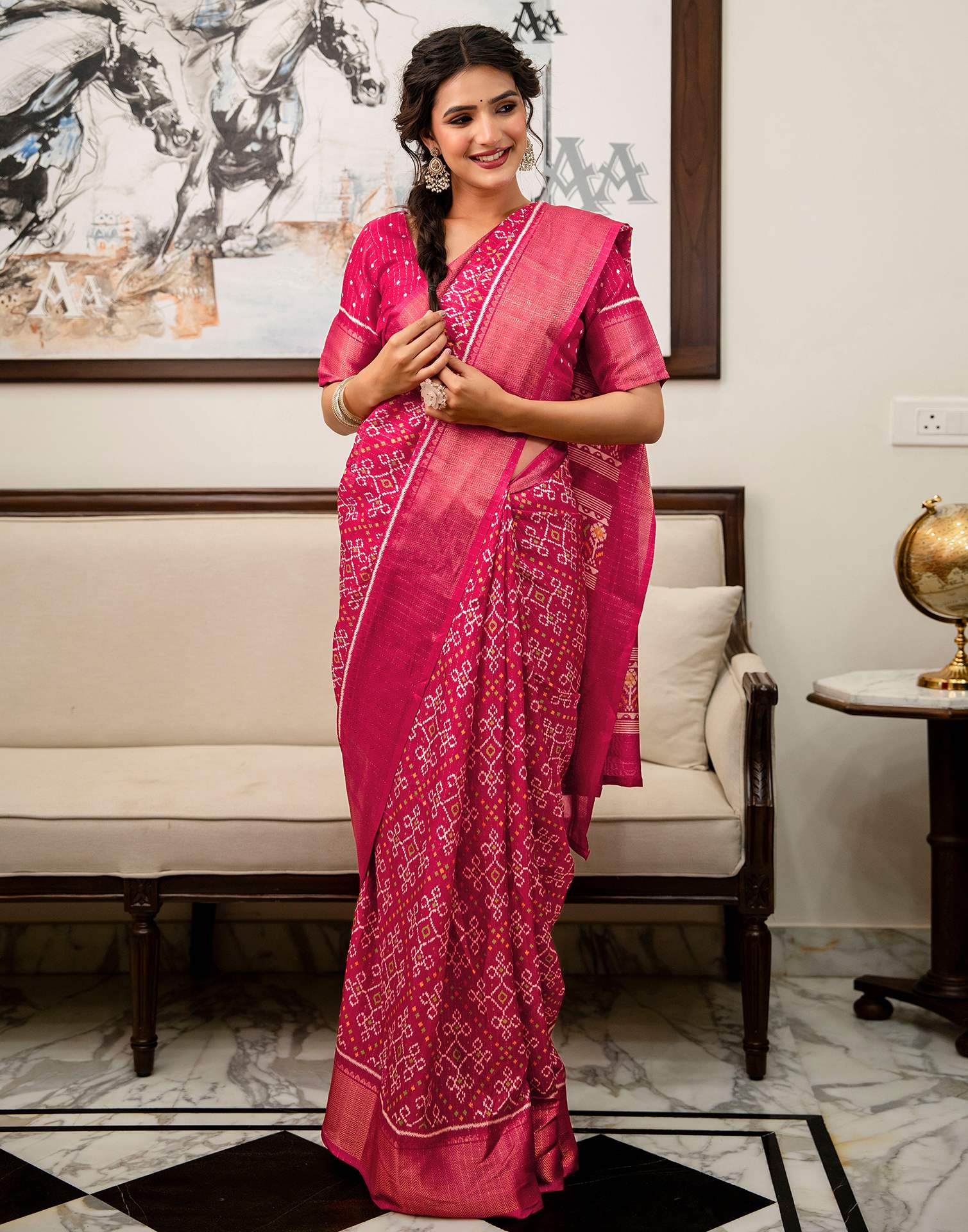 Pink Silk Printed Zari Stripe Saree 
