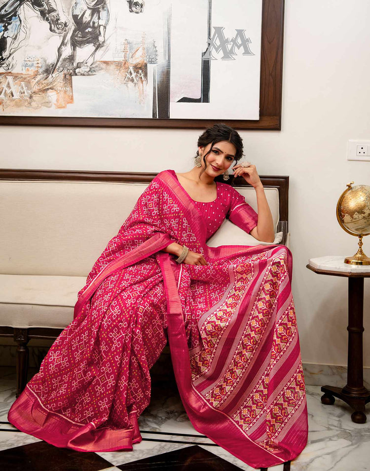 Pink Silk Printed Zari Stripe Saree 