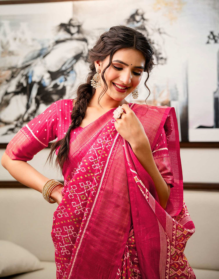 Pink Silk Printed Zari Stripe Saree 