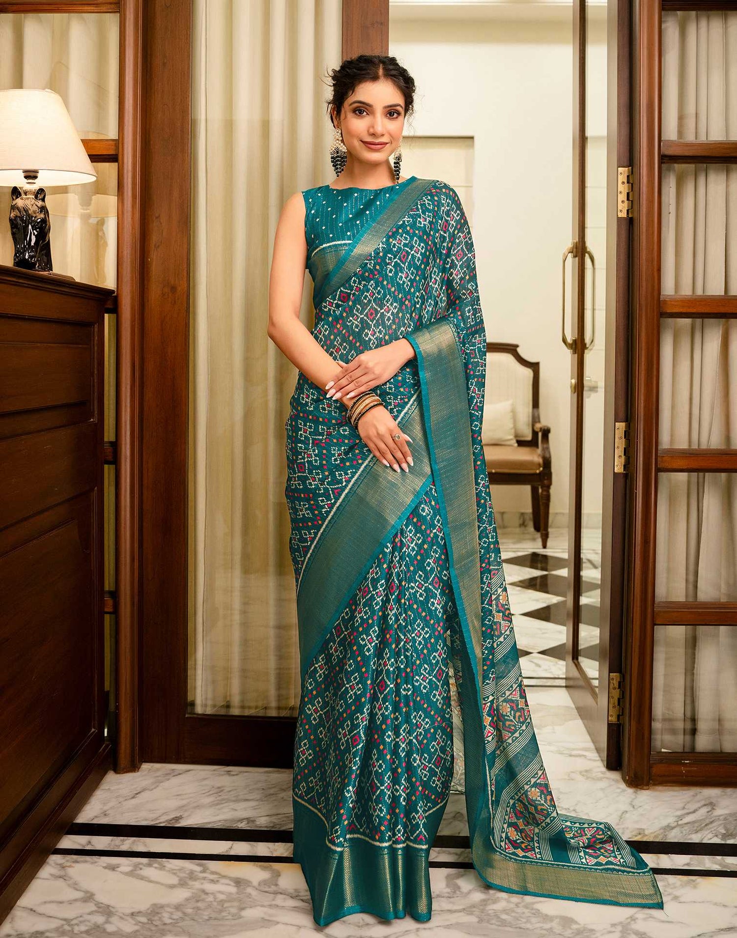 Green Silk Printed Zari Stripe Saree 