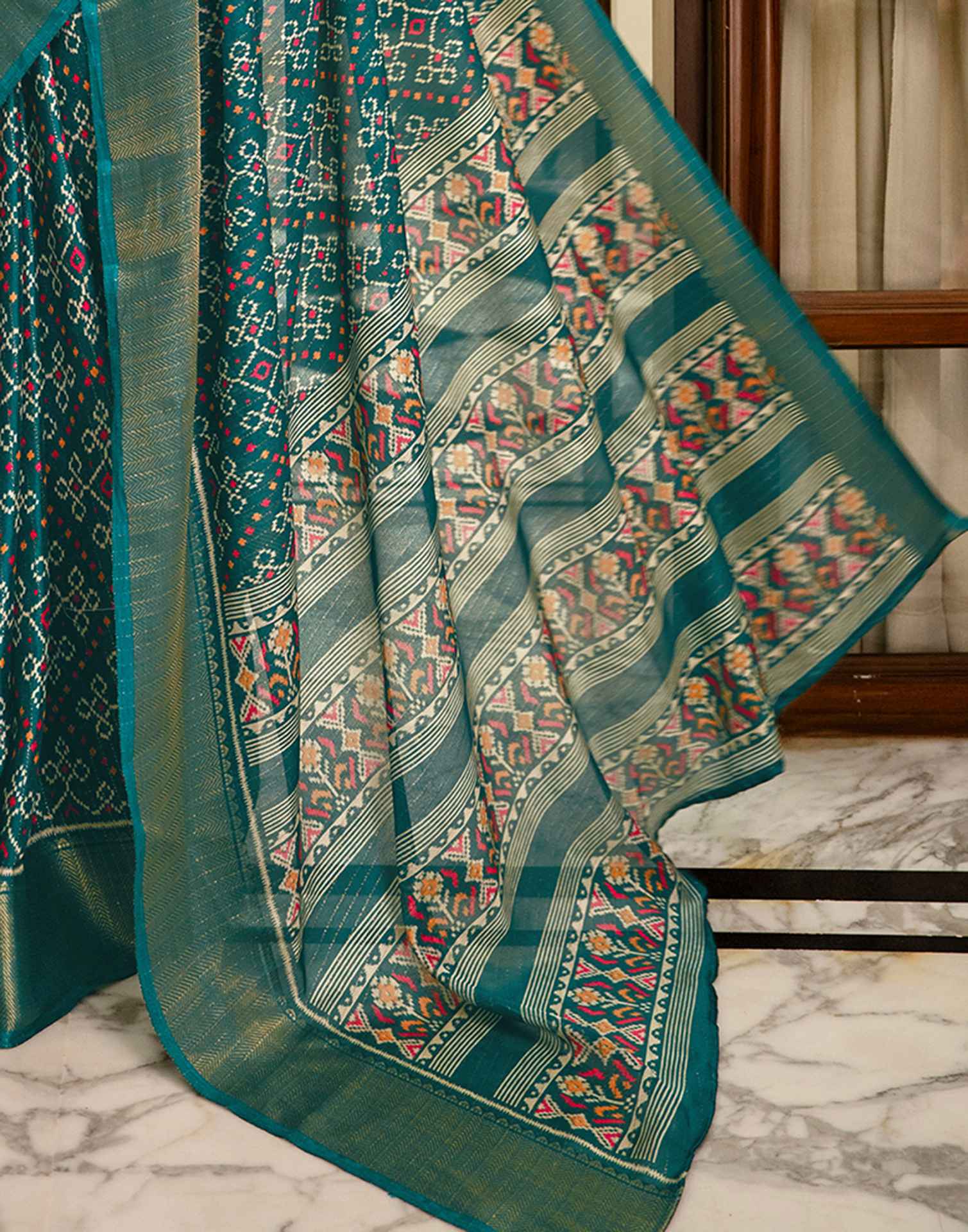 Green Silk Printed Zari Stripe Saree 