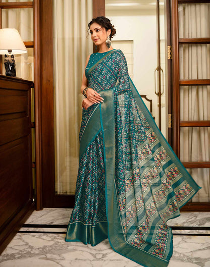 Green Silk Printed Zari Stripe Saree 