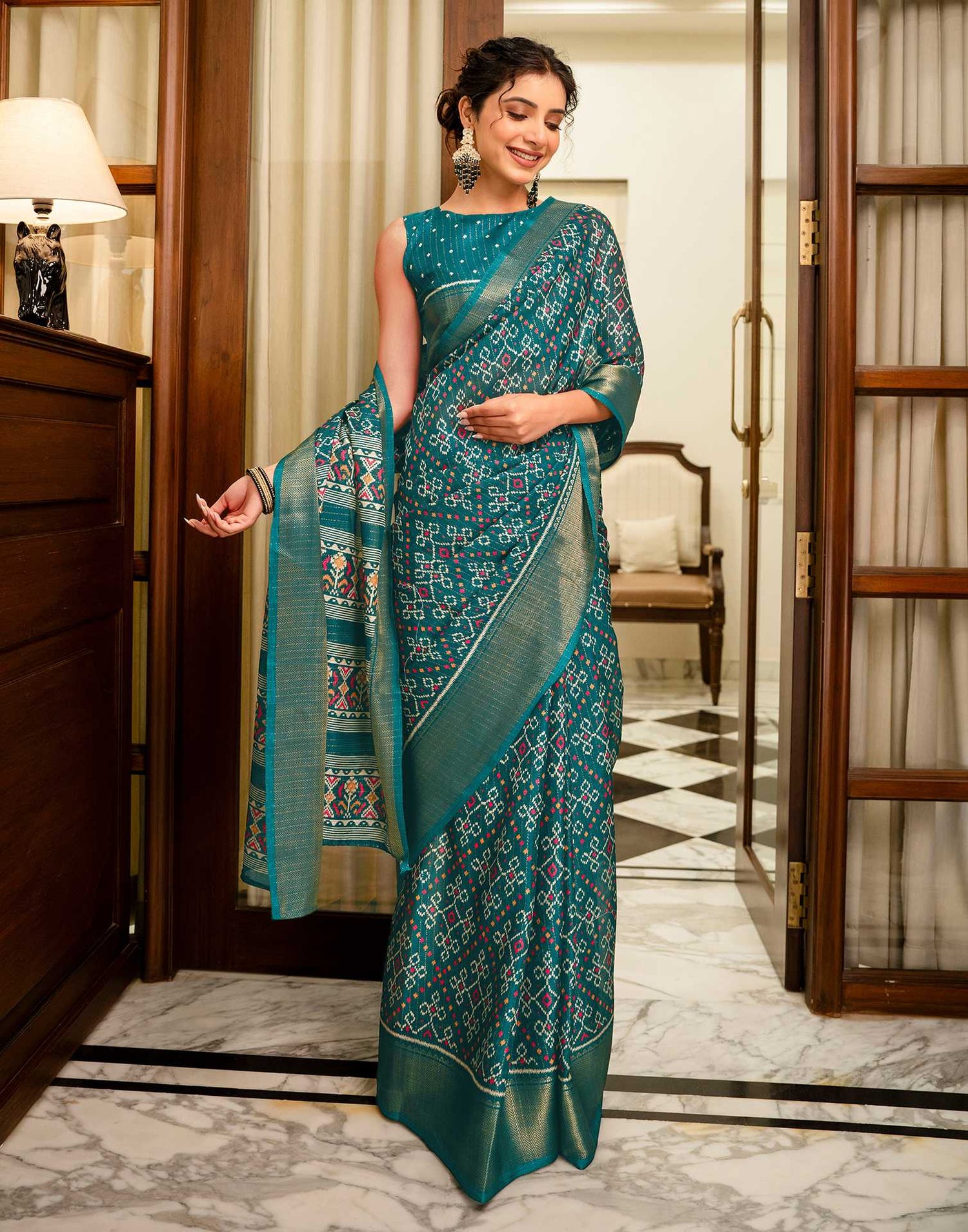 Green Silk Printed Zari Stripe Saree 
