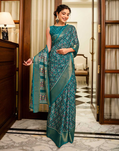 Green Silk Printed Zari Stripe Saree 