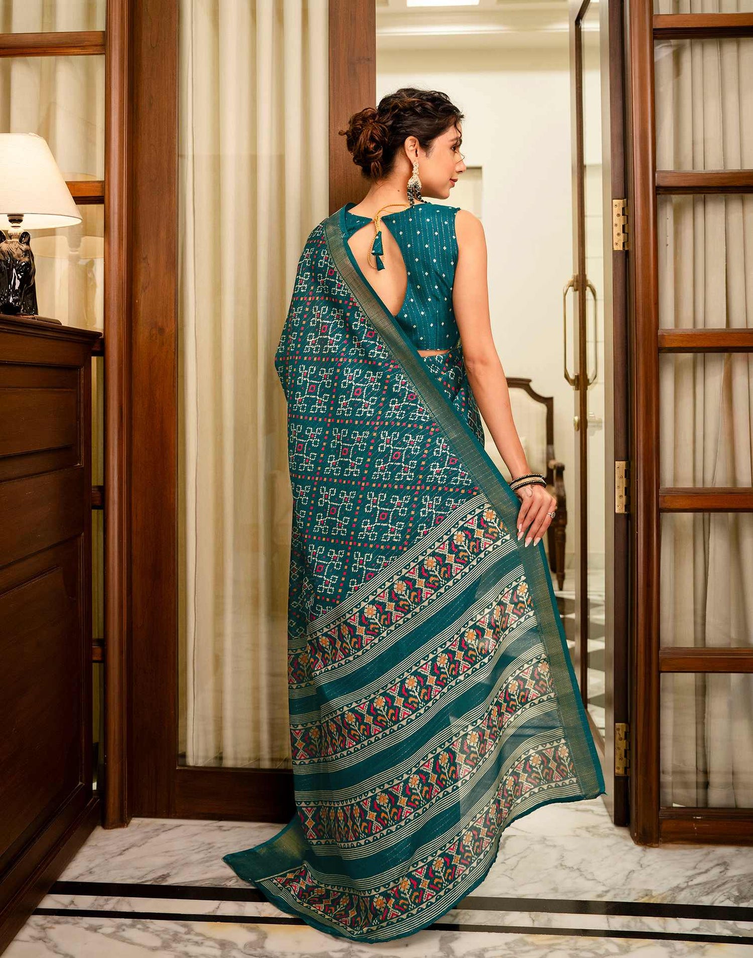 Green Silk Printed Zari Stripe Saree 