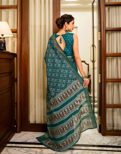 Green Silk Printed Zari Stripe Saree 