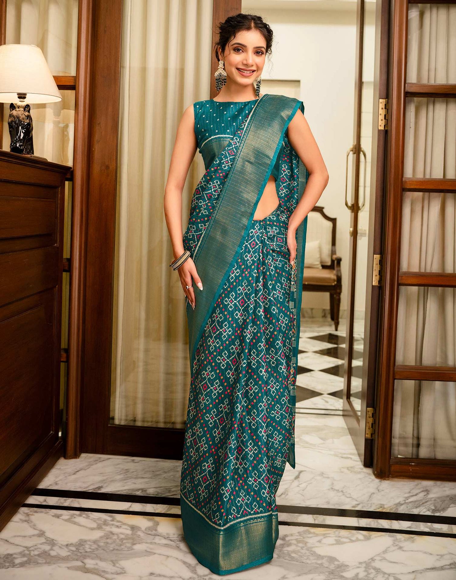 Green Silk Printed Zari Stripe Saree 