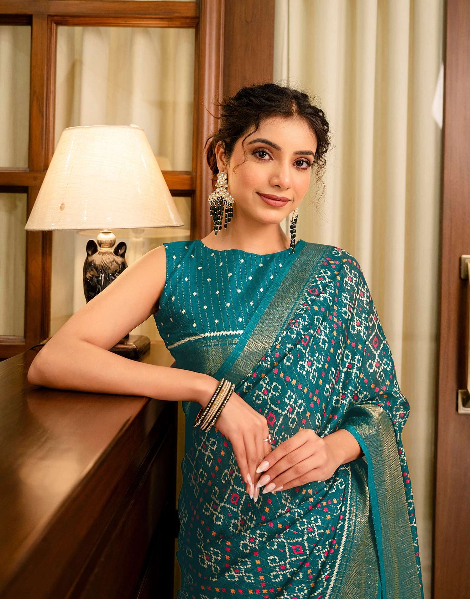 Green Silk Printed Zari Stripe Saree 