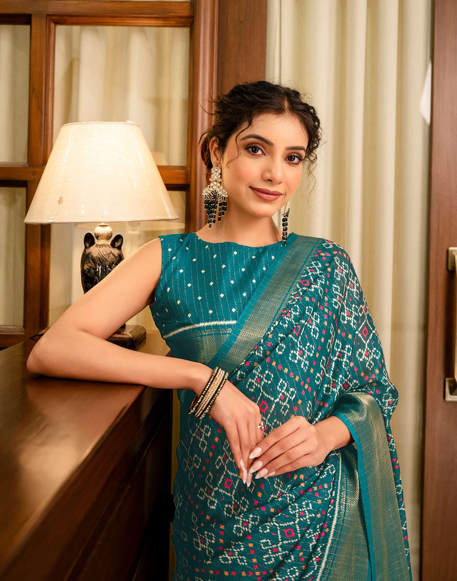 Green Silk Printed Zari Stripe Saree 
