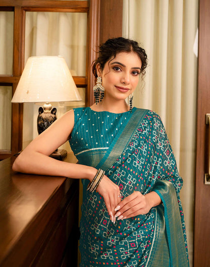 Green Silk Printed Zari Stripe Saree 