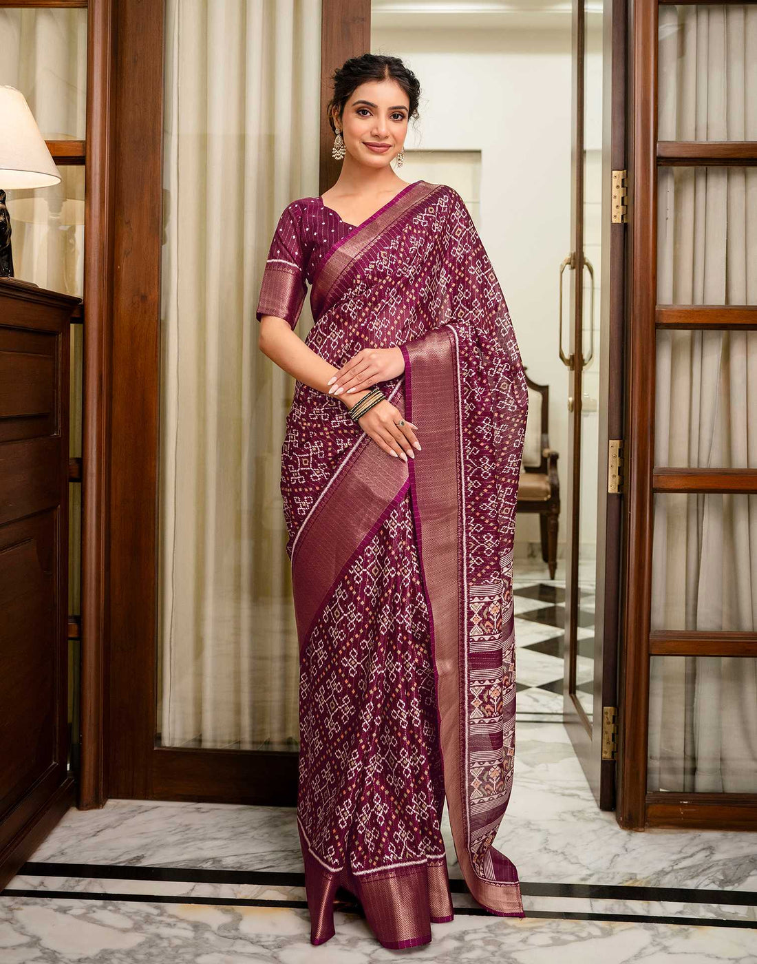 Wine Silk Printed Zari Stripe Saree 
