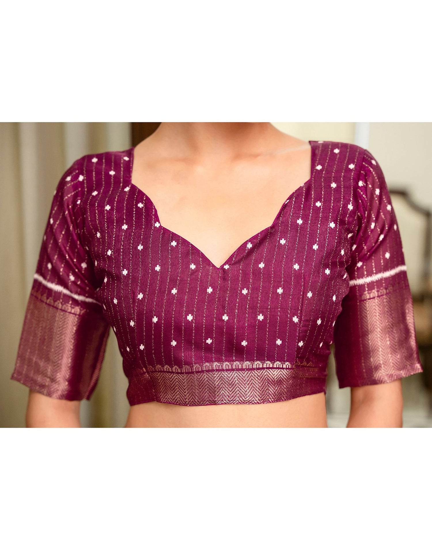 Wine Silk Printed Zari Stripe Saree 