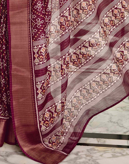 Wine Silk Printed Zari Stripe Saree 