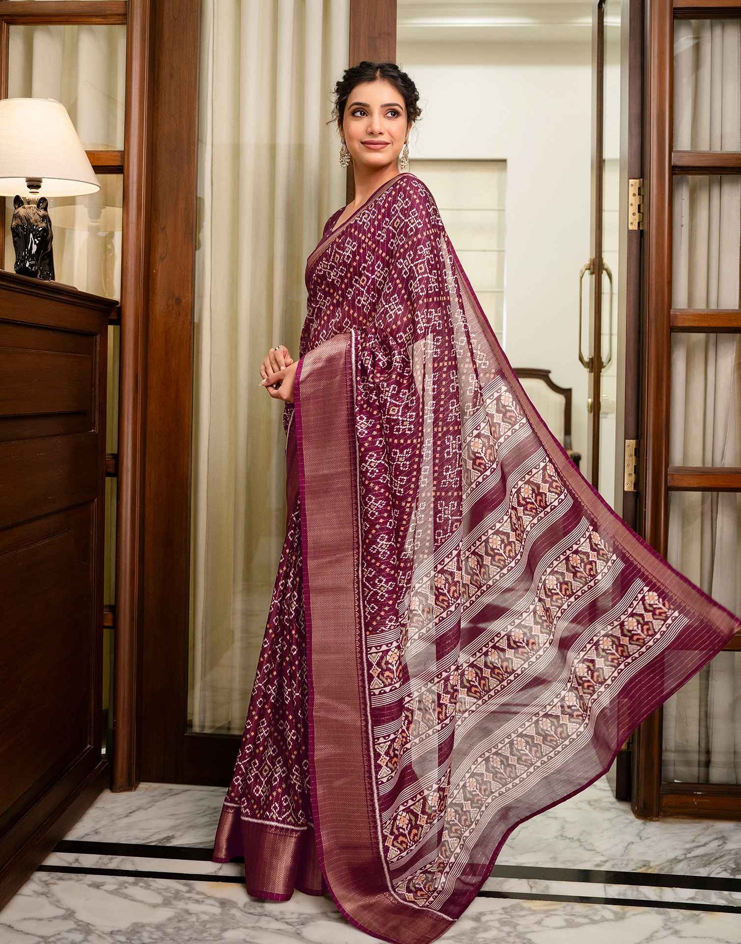 Wine Silk Printed Zari Stripe Saree 