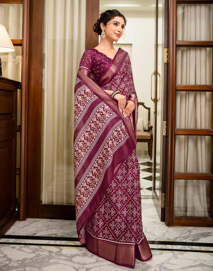 Wine Silk Printed Zari Stripe Saree 
