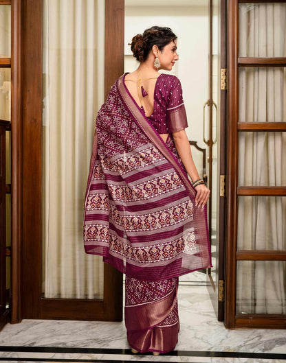 Wine Silk Printed Zari Stripe Saree 