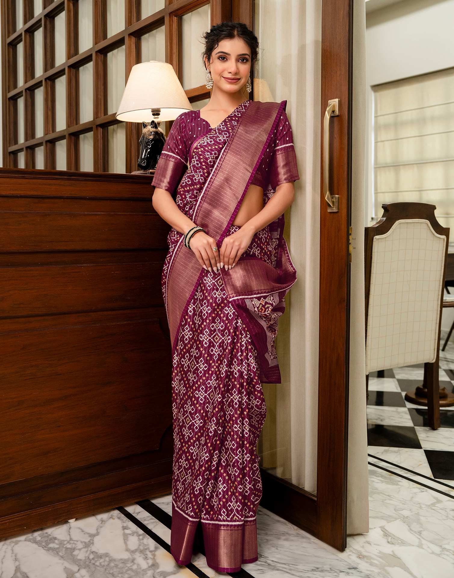 Wine Silk Printed Zari Stripe Saree 