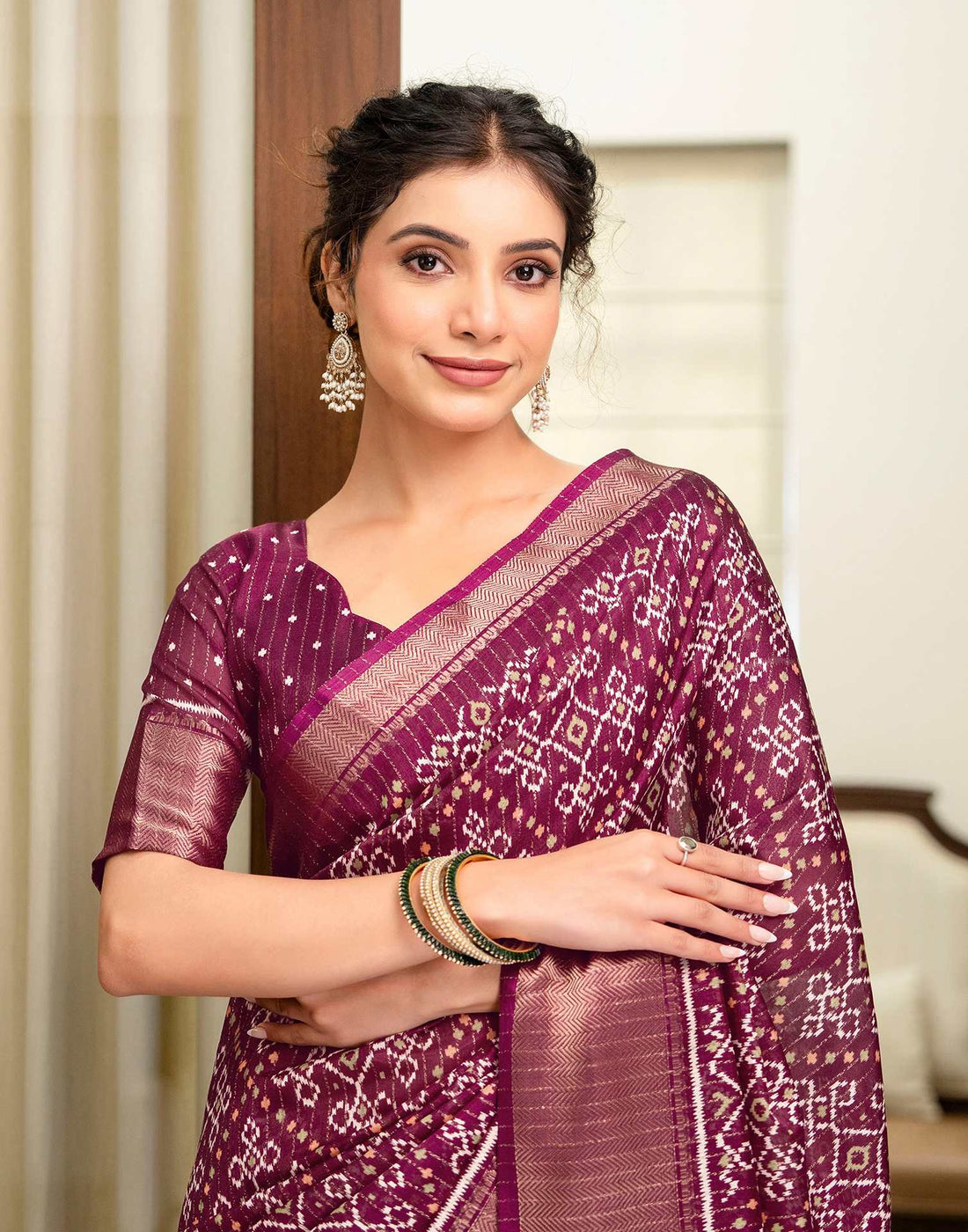 Wine Silk Printed Zari Stripe Saree 