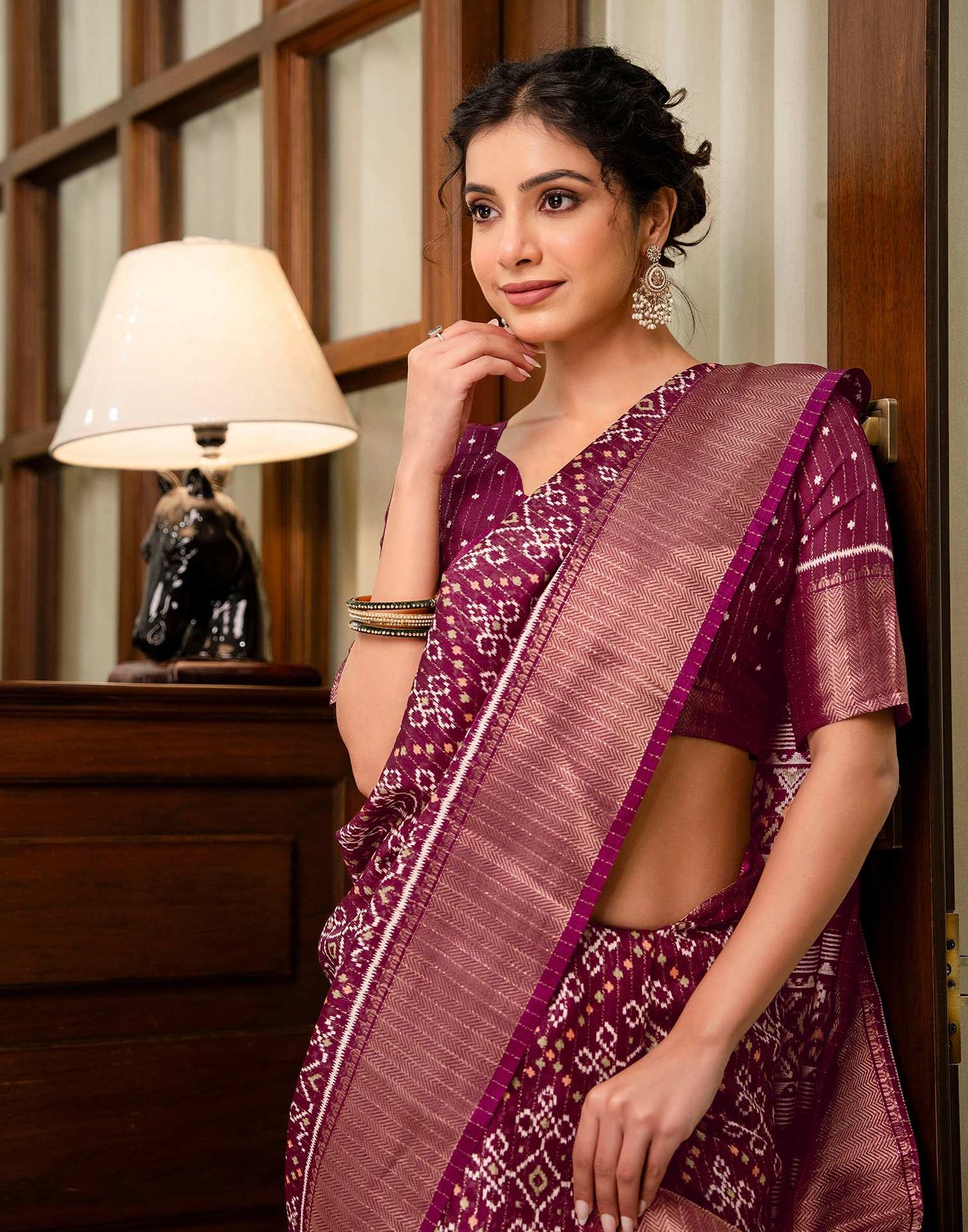 Wine Silk Printed Zari Stripe Saree 