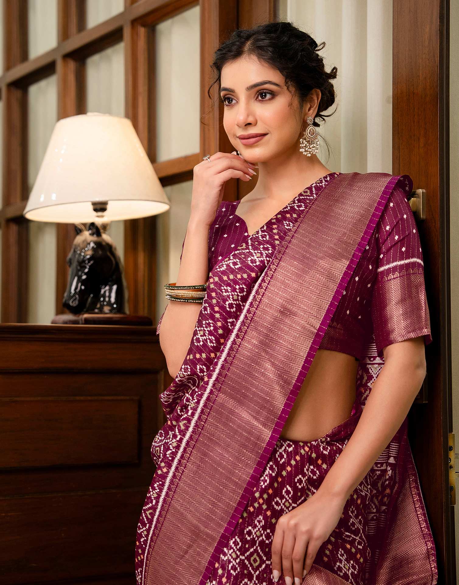 Wine Silk Printed Zari Stripe Saree 