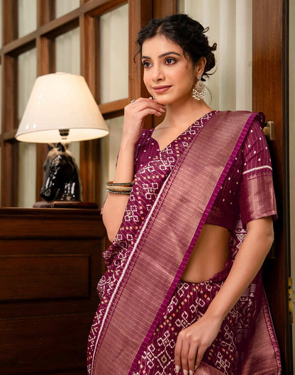 Wine Silk Printed Zari Stripe Saree 