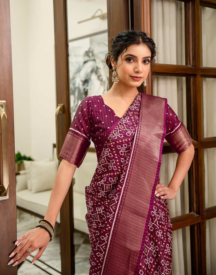 Wine Silk Printed Zari Stripe Saree 