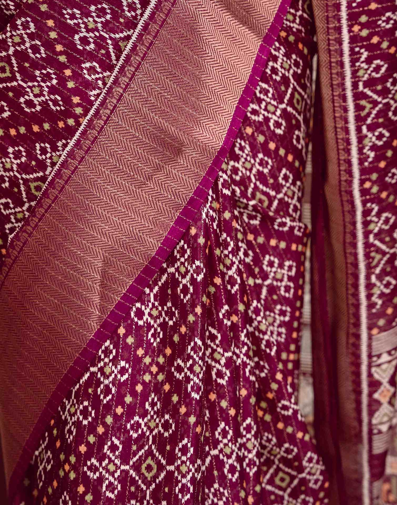 Wine Silk Printed Zari Stripe Saree 