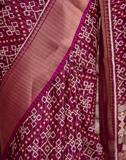 Wine Silk Printed Zari Stripe Saree 