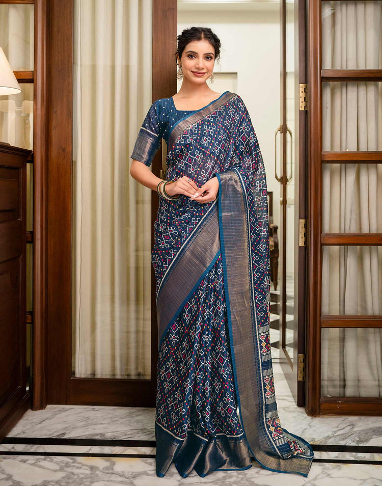 Navy Blue Silk Printed Zari Stripe Saree 