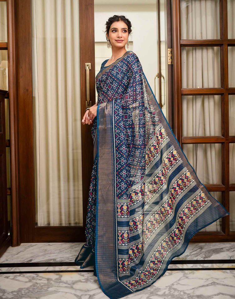 Navy Blue Silk Printed Zari Stripe Saree 