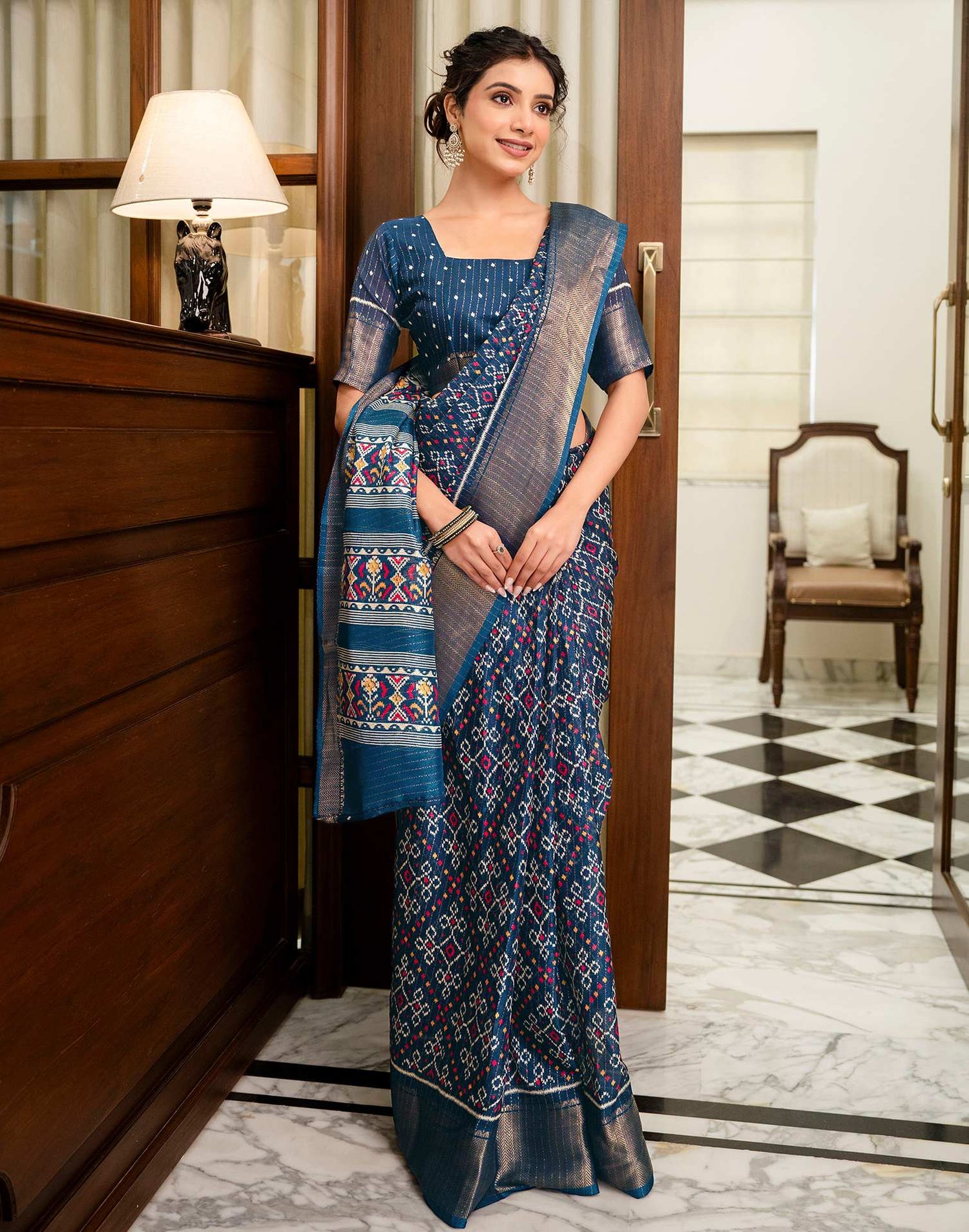 Navy Blue Silk Printed Zari Stripe Saree 