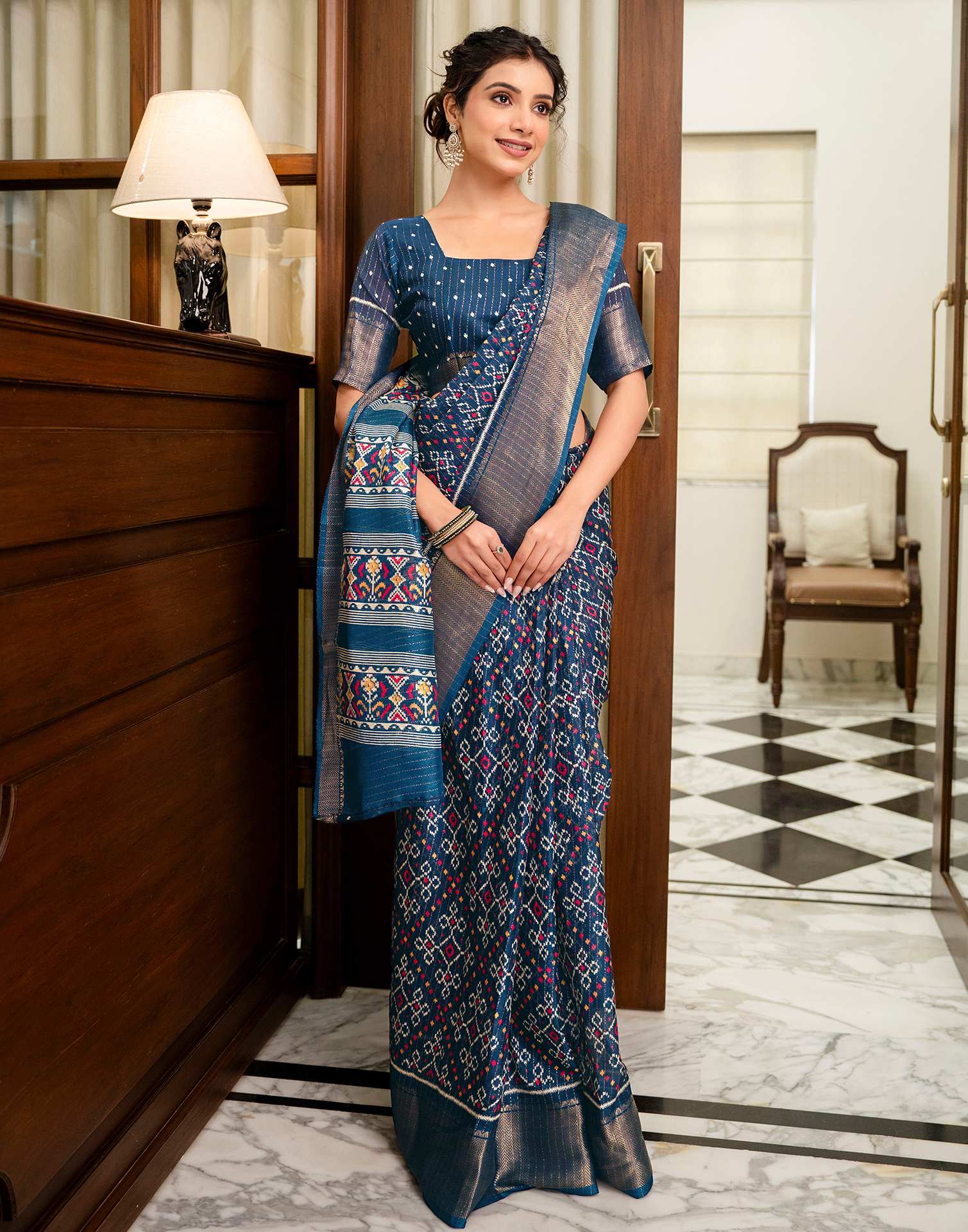 Navy Blue Silk Printed Zari Stripe Saree 