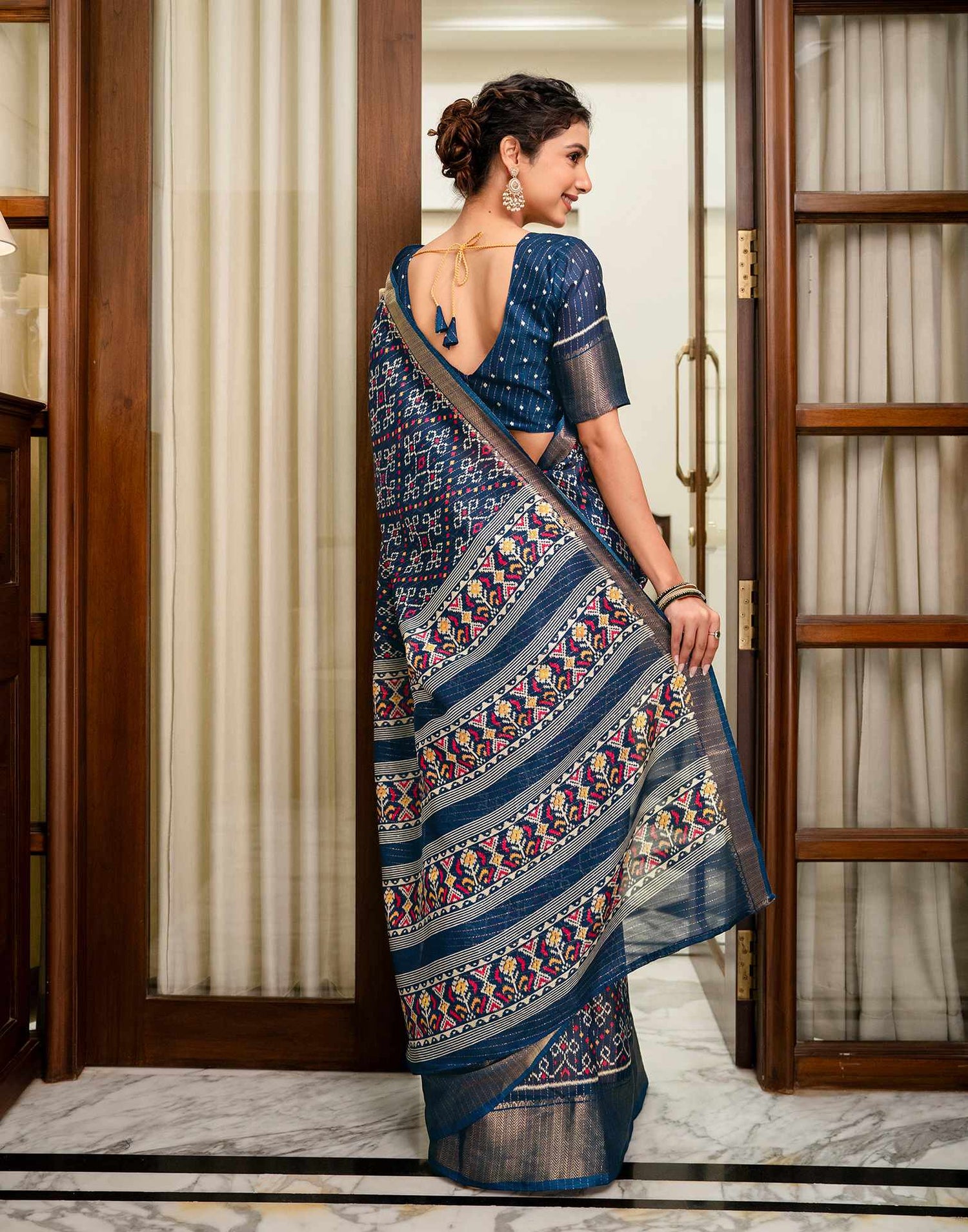 Navy Blue Silk Printed Zari Stripe Saree 