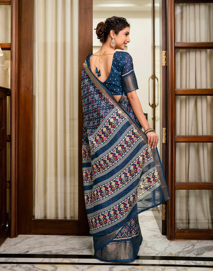 Navy Blue Silk Printed Zari Stripe Saree 