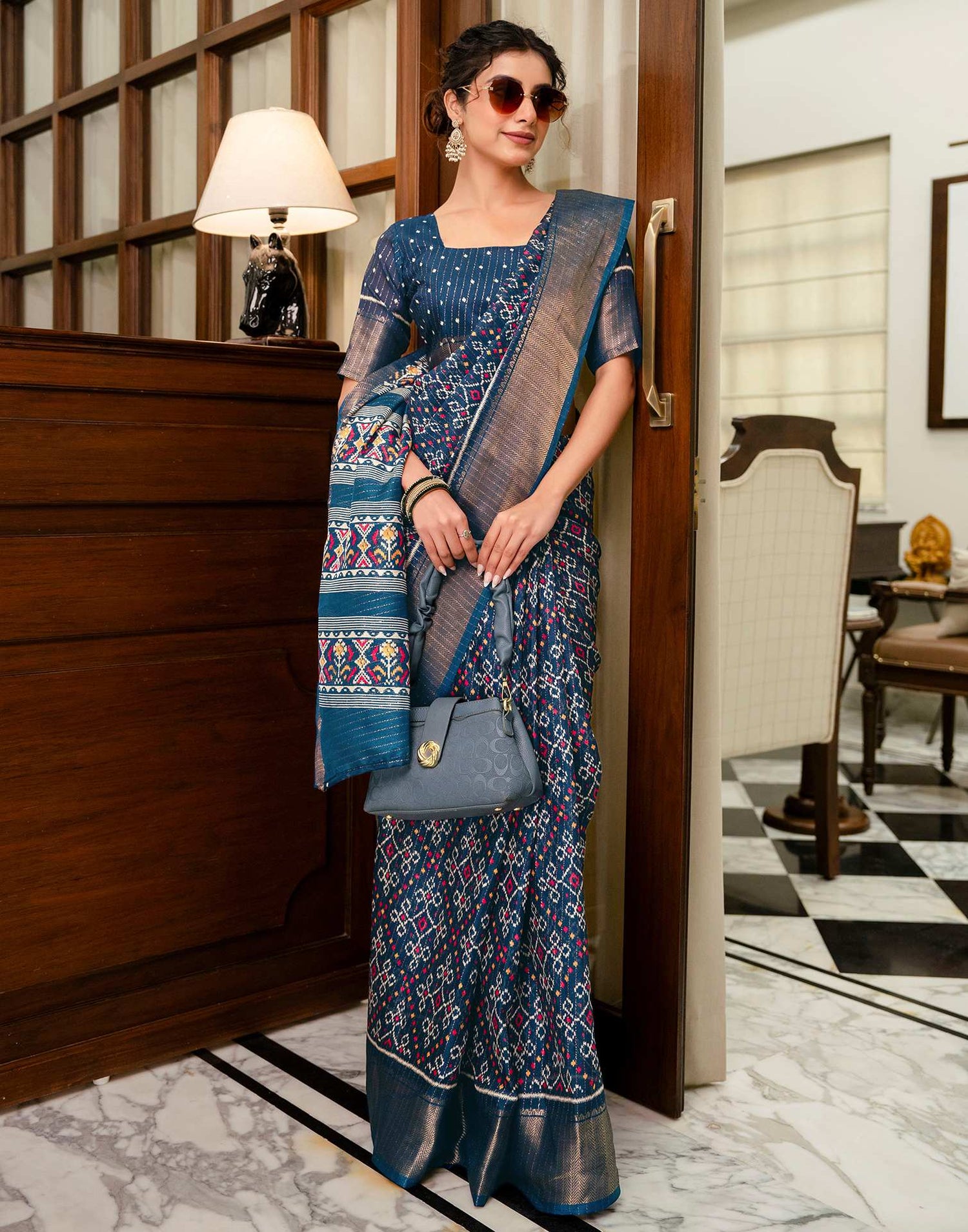 Navy Blue Silk Printed Zari Stripe Saree 