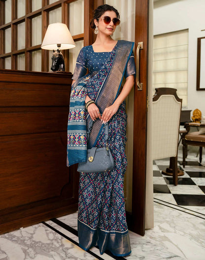 Navy Blue Silk Printed Zari Stripe Saree 