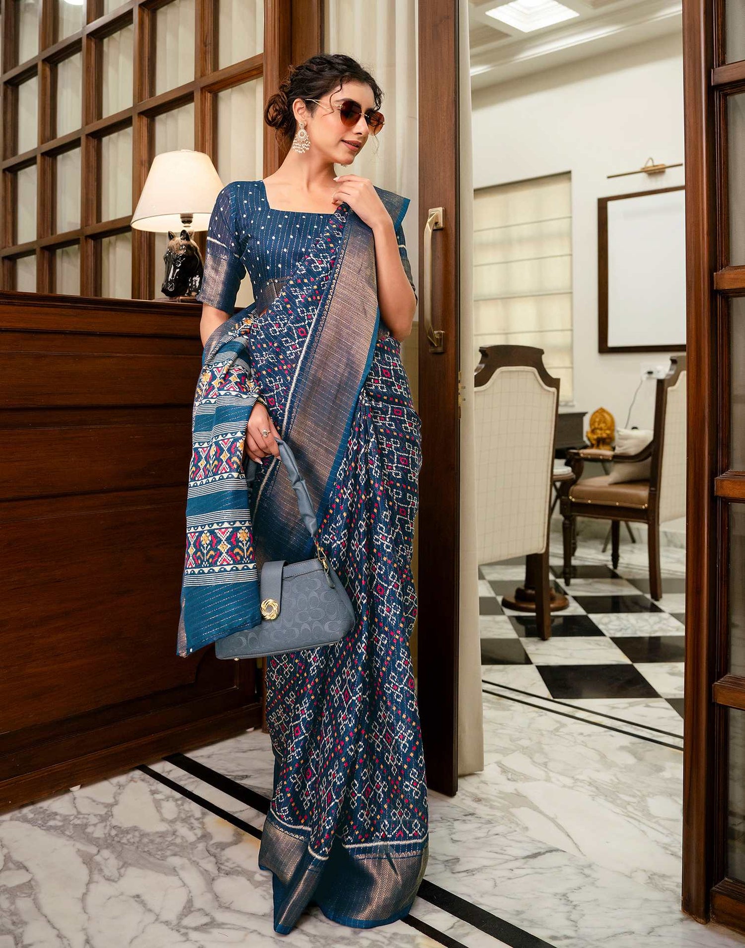 Navy Blue Silk Printed Zari Stripe Saree 