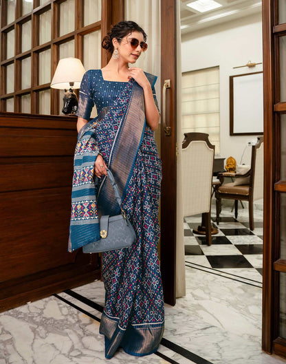 Navy Blue Silk Printed Zari Stripe Saree 