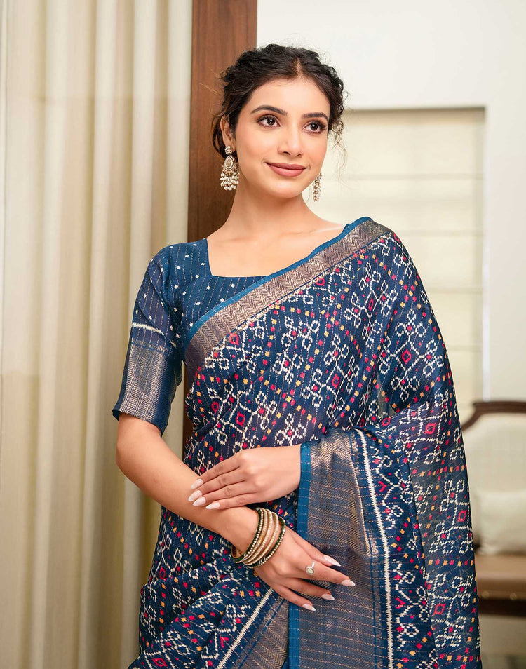Navy Blue Silk Printed Zari Stripe Saree 