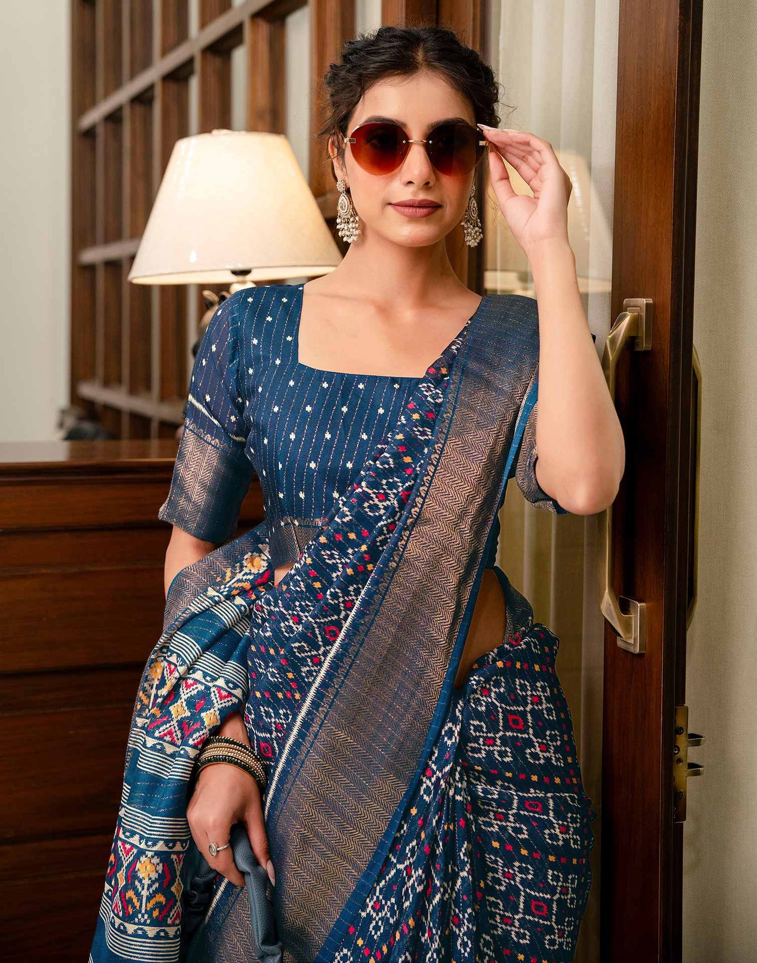 Navy Blue Silk Printed Zari Stripe Saree 