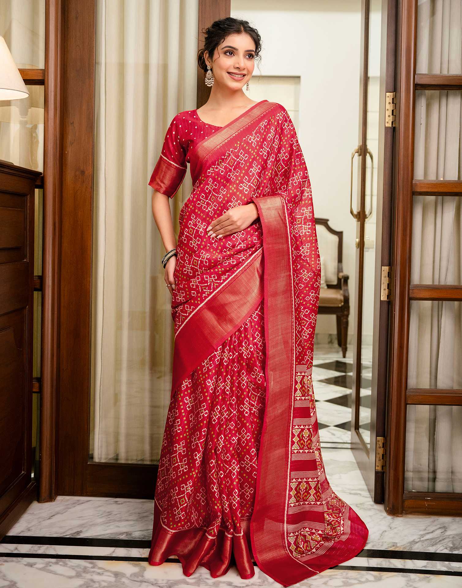Red Silk Printed Zari Stripe Saree 