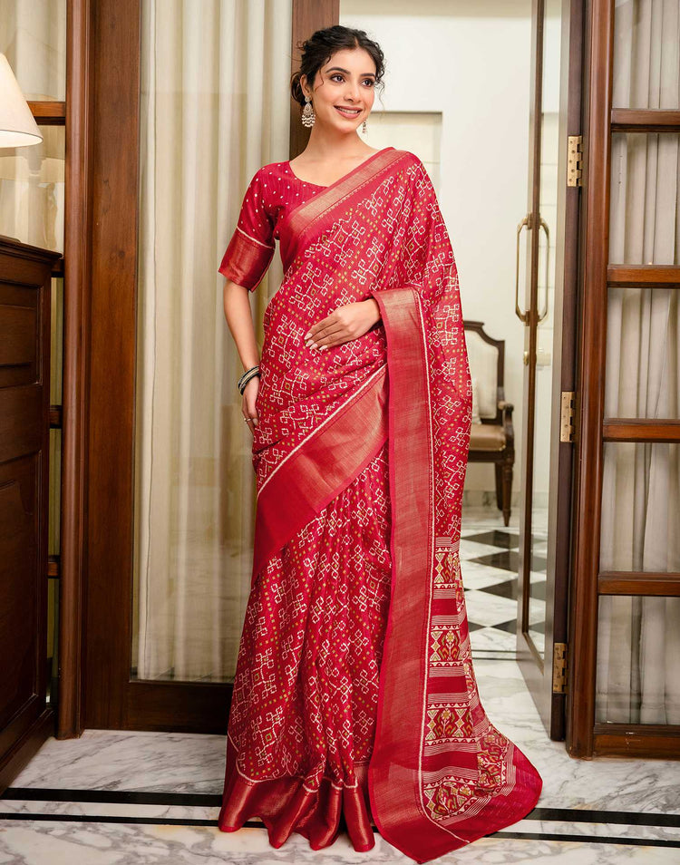 Red Silk Printed Zari Stripe Saree 
