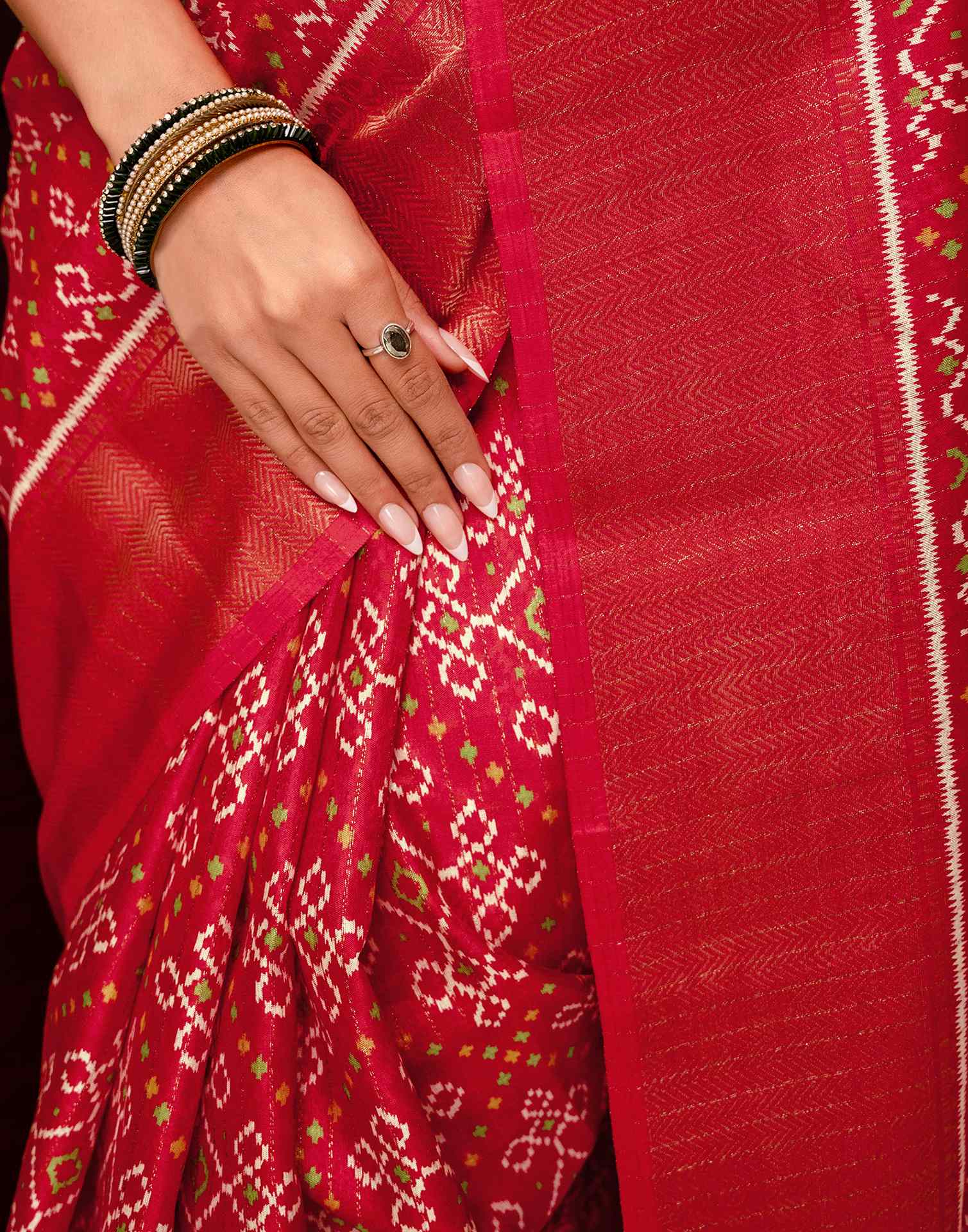 Red Silk Printed Zari Stripe Saree 