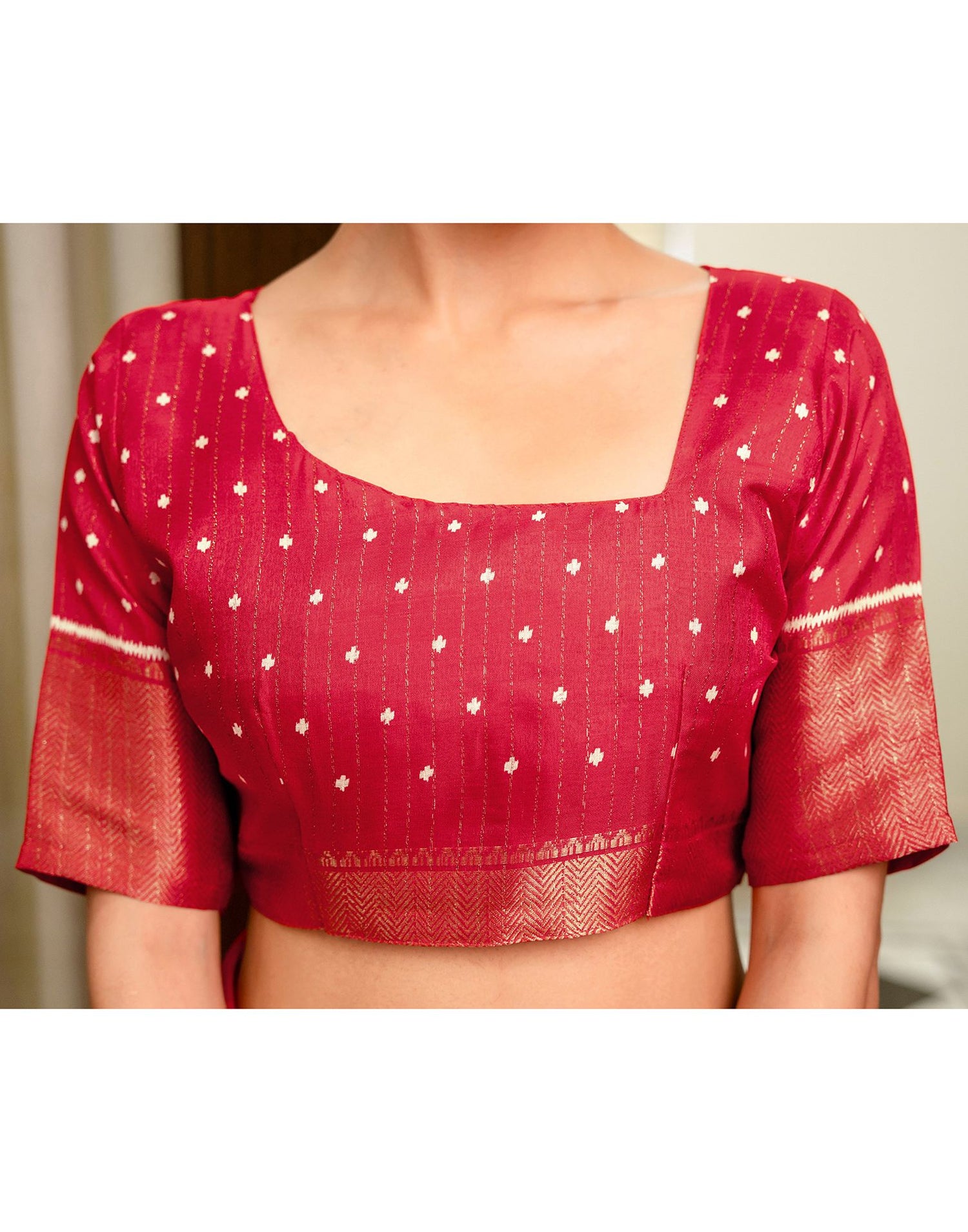 Red Silk Printed Zari Stripe Saree 