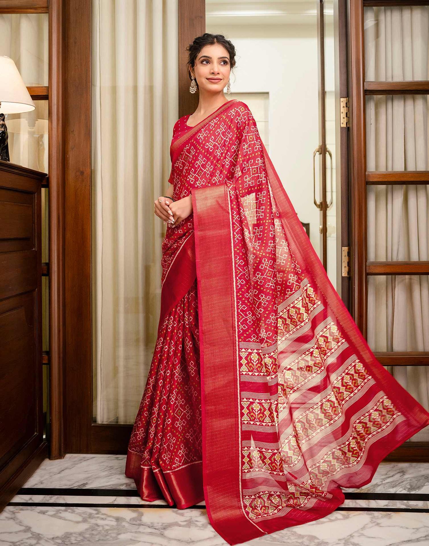 Red Silk Printed Zari Stripe Saree 