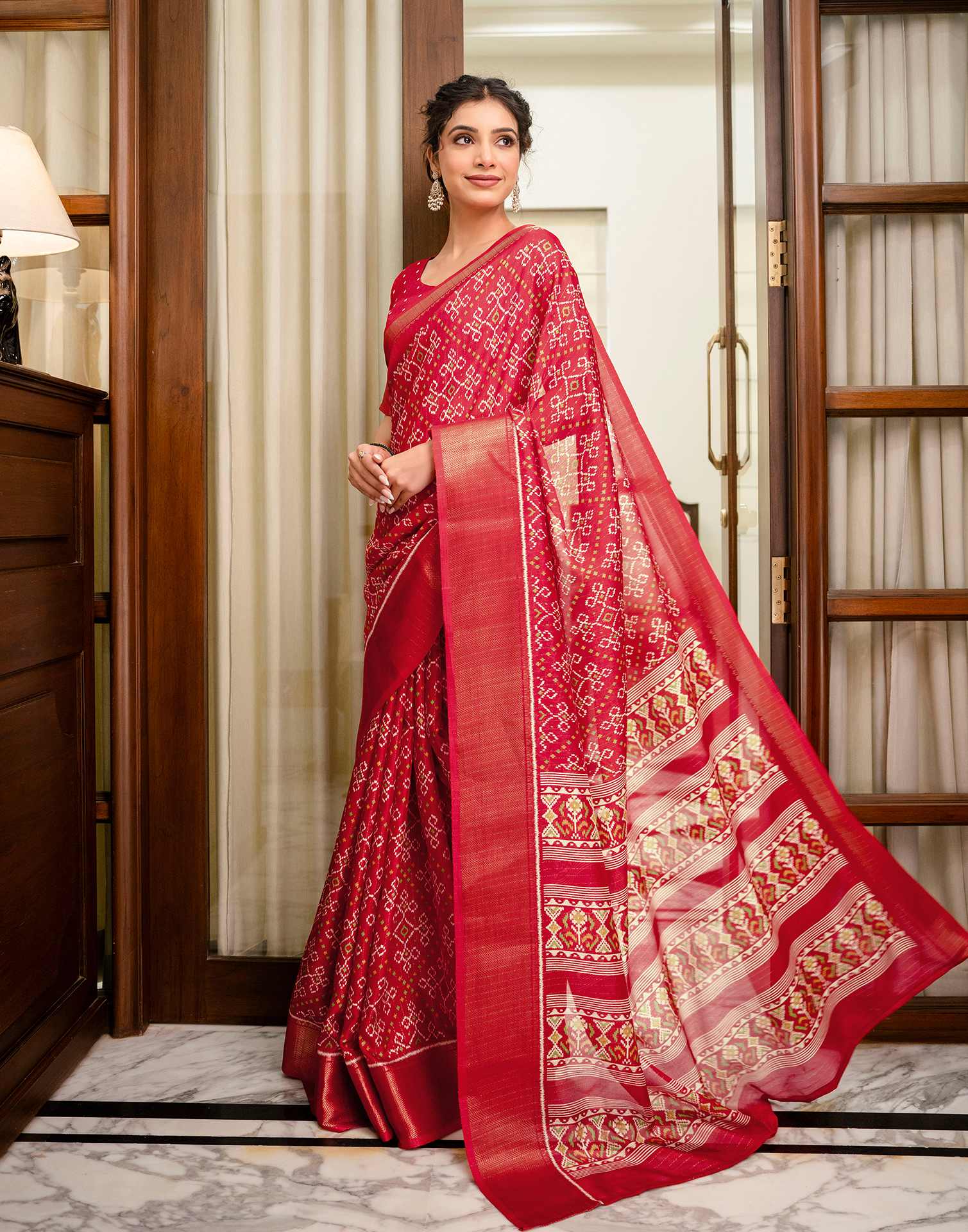 Red Silk Printed Zari Stripe Saree 