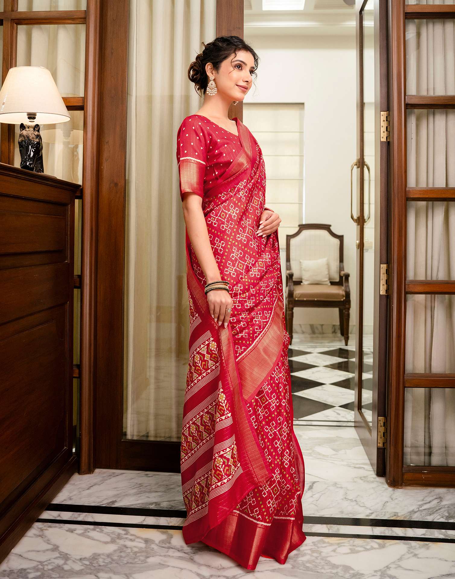 Red Silk Printed Zari Stripe Saree 